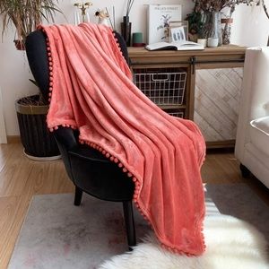 Vibrant Pink Pompom Fringe Chic Cozy Soft Throw Blanket/Cover